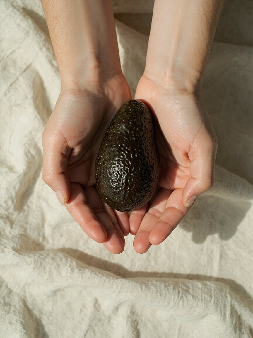 A minimalist, overhead photograph of a single Hass avocado resting on a piece of textured, hand-loomed linen. The lighting is soft and directional, highlighting the dark, pebbly topography of the skin. A pair of calm, steady hands is shown gently cradling the fruit in an open palm—illustrating the "gentle palm press" rather than a fingertip poke—evoking a sense of respect for the ingredient.