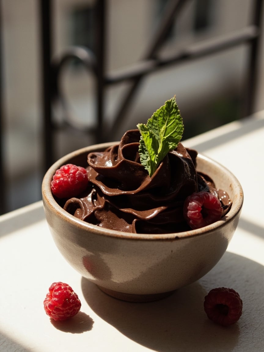 A macro close-up of the Velvety Cacao & Avocado Silk served in an artisanal, hand-thrown ceramic bowl. The focus is on the glossy, ribbon-like texture of the mousse, topped with three vibrant raspberries and a singular, delicate mint leaf. The background is softly blurred, hinting at an urban fire escape setting, emphasizing the intersection of decadent soul food and clean, plant-based innovation.