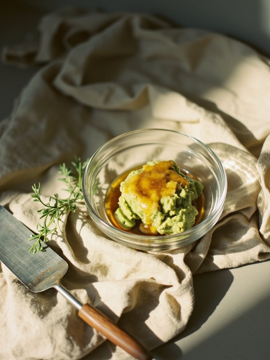 An intentional still life featuring a small, clear glass bowl of mashed avocado mixed with a golden swirl of agave, resting on a neutral linen cloth. Beside the bowl sits a single, weathered gardening tool or a sprig of a botanical plant—a nod to the author’s horticultural roots—representing the transition from kitchen ingredient to a traditional, earth-derived beauty ritual.
